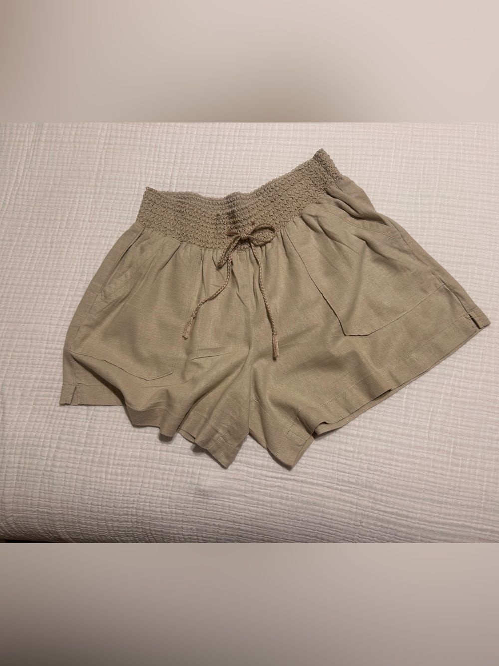 Westbound High-Waist Smocked Waistband Beige Shorts